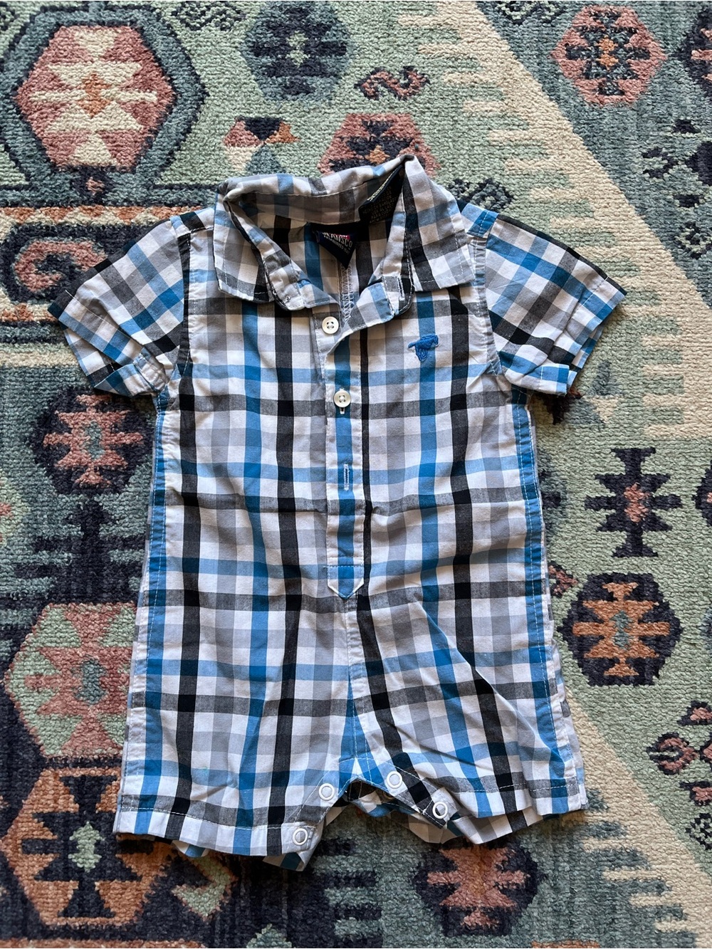 Baby Blue Plaid Short-Sleeve Romper